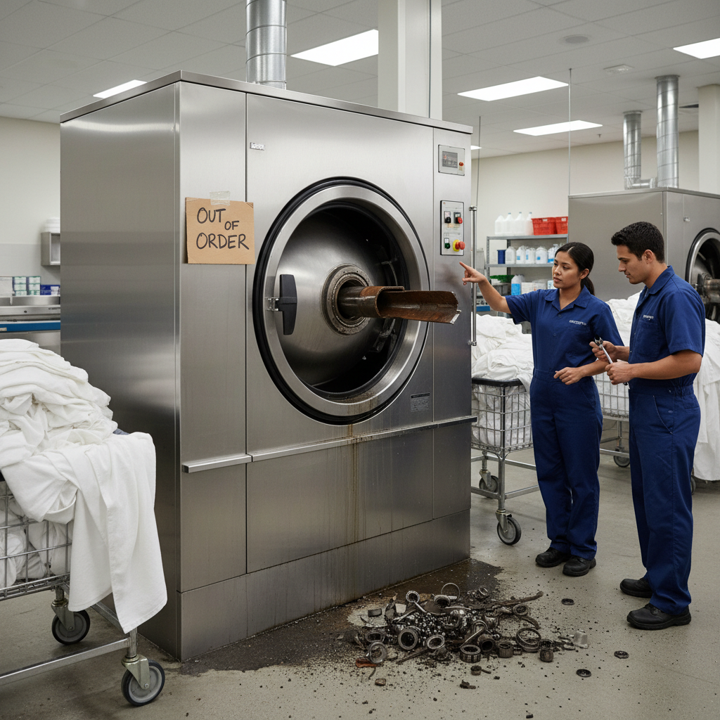 Commercial laundry extractor with failed bearing and locked drum in hotel laundry room