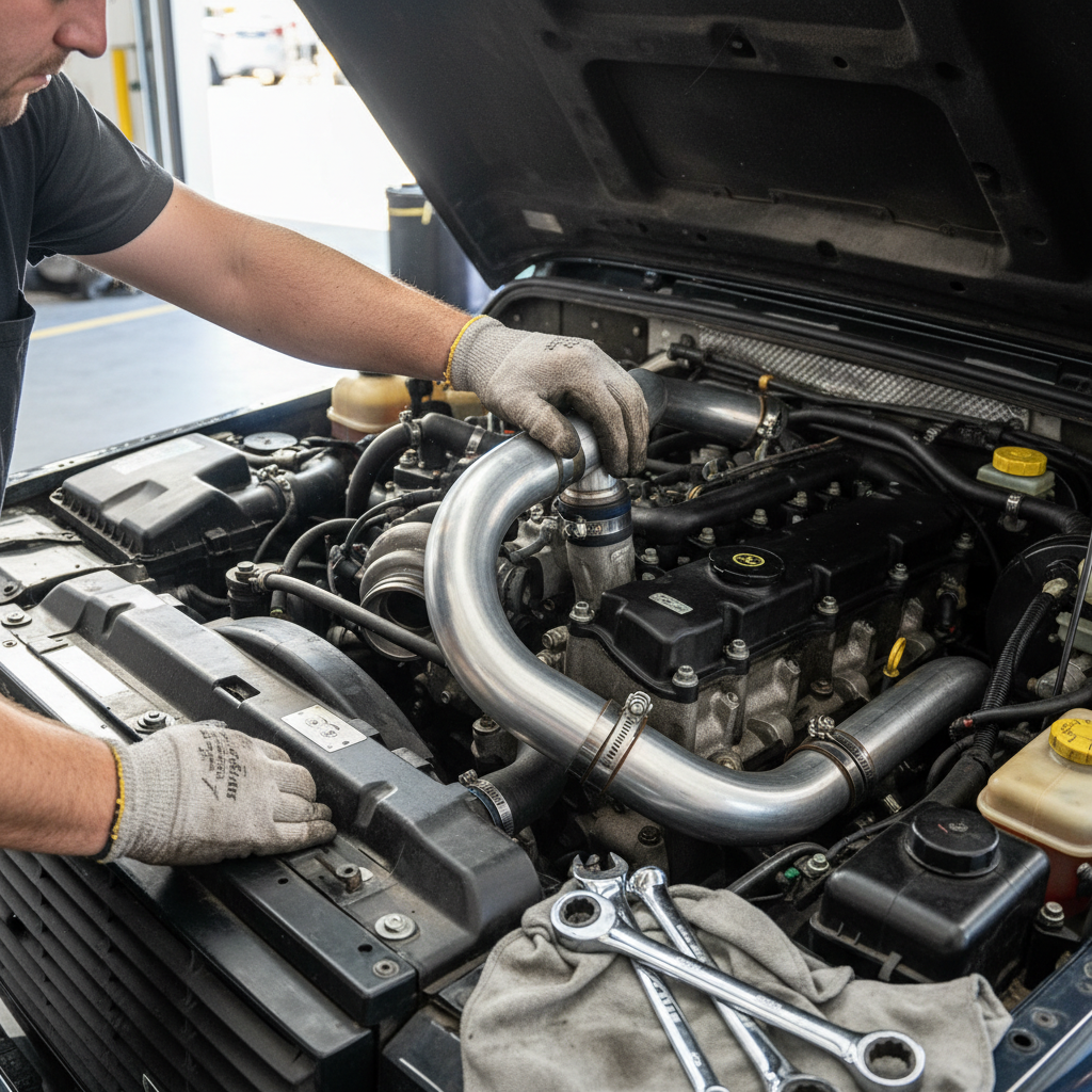 Mechanic fitting intercooler pipes in Land Rover engine bay with chrome tools
