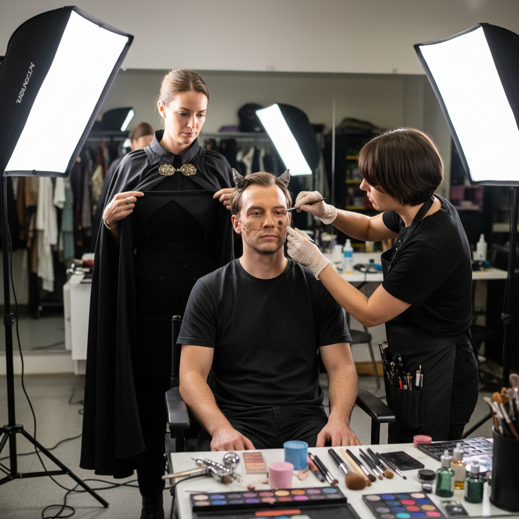 Two-artist team applying zombie appliances on set at 4am call time