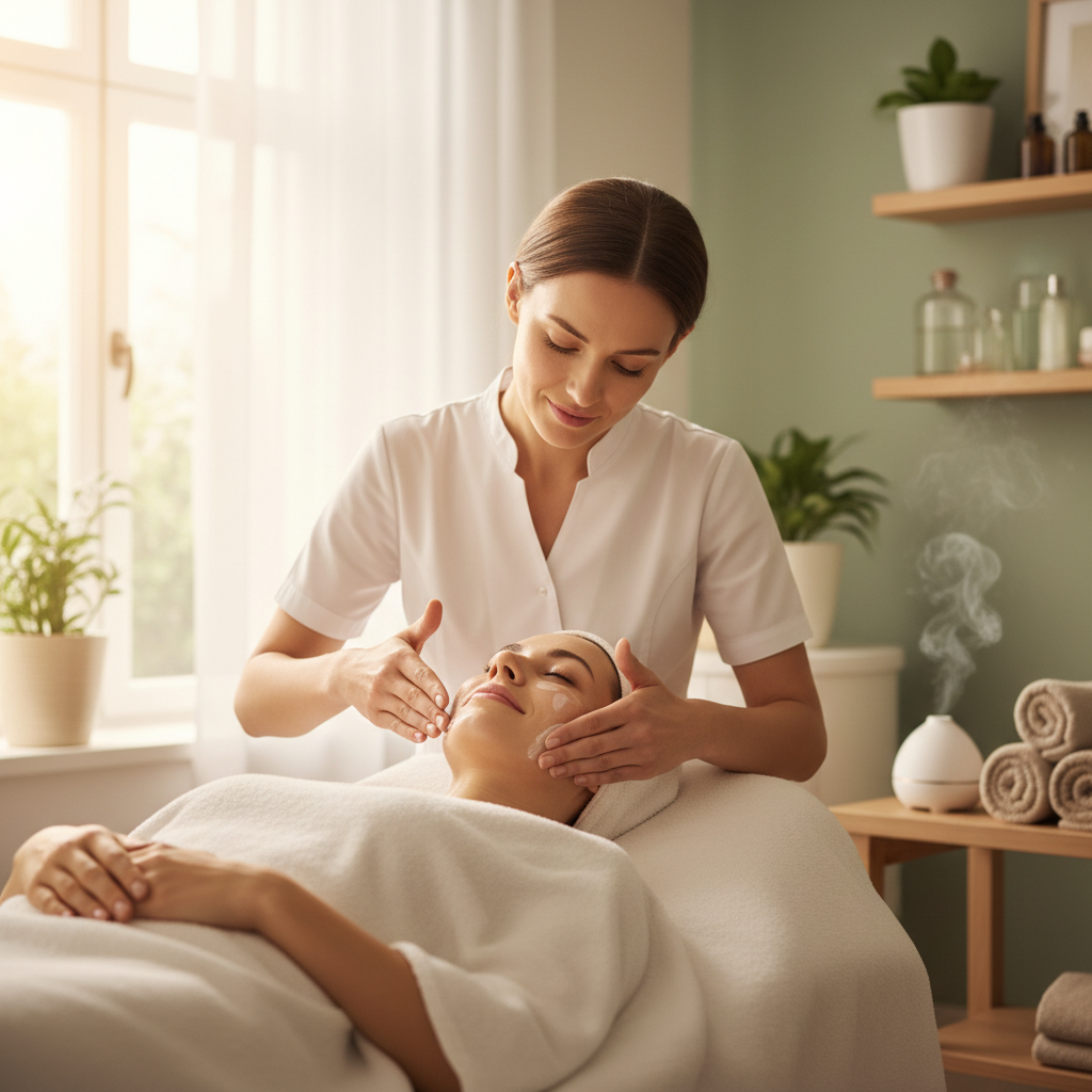 Spa therapist performing a relaxing facial treatment in a bright, airy treatment room with white linens and natural light