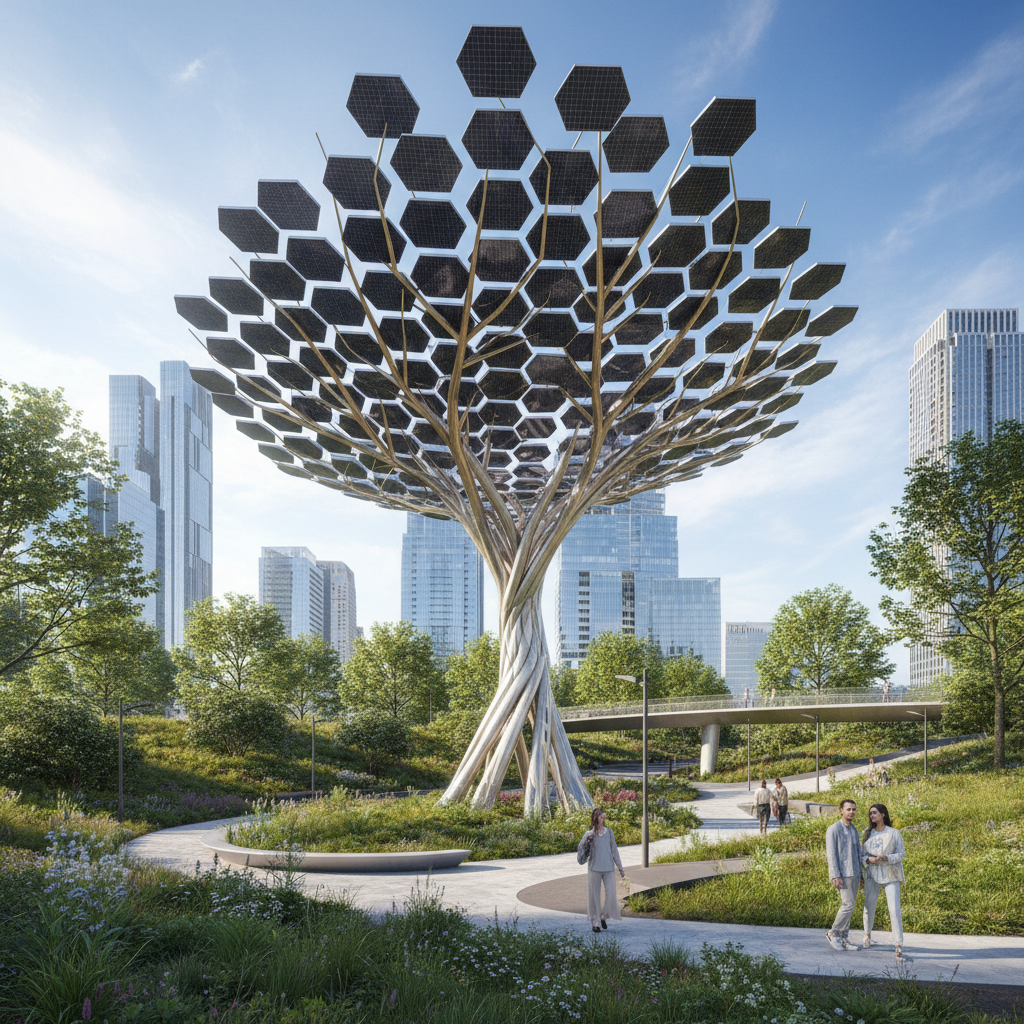 Solar power tree structure installed in an urban park providing renewable energy generation