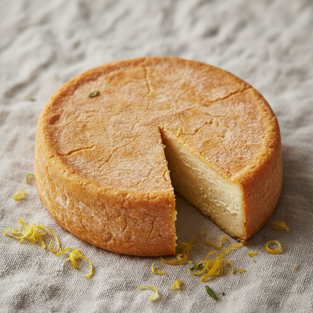 Sprout aged cashew cheddar wheel with golden rind on linen cloth with lemon zest scattered around