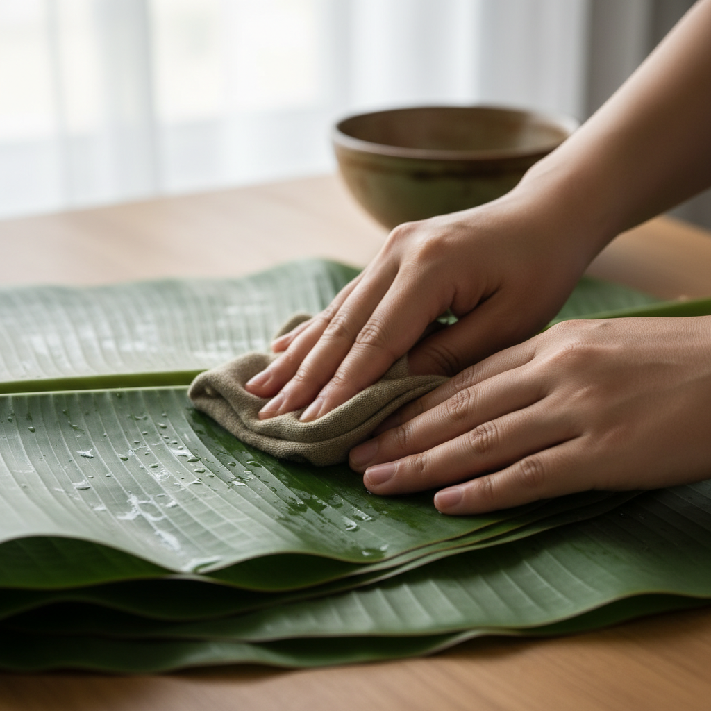 Fresh banana leaves being wiped clean on a wooden table in the kitchen