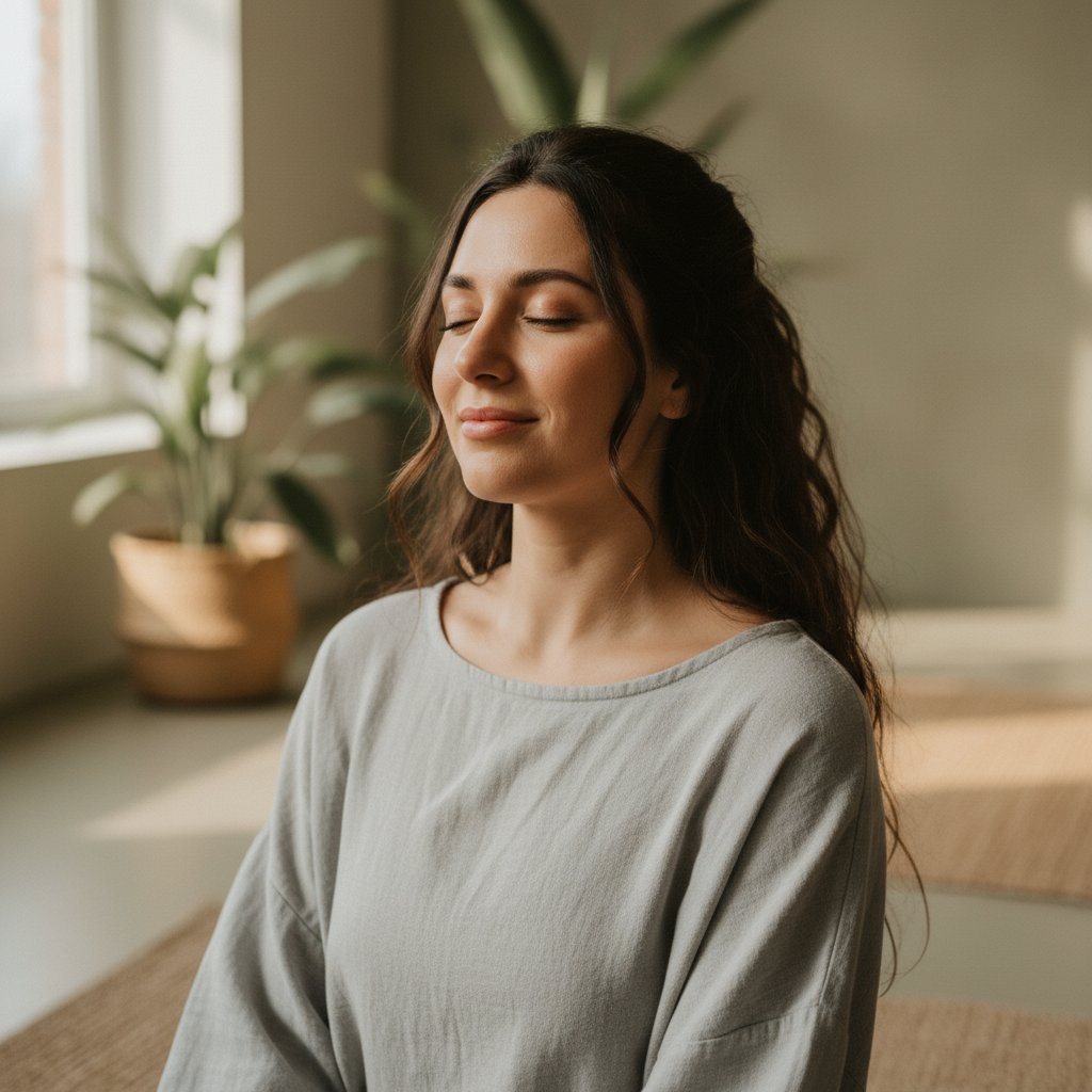 Woman yoga instructor, calm confident expression, natural light studio setting