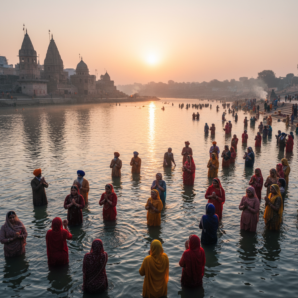 Thousands of devotees gathered at Kumbh Mela riverbank at sunrise, saffron-clad sadhus, sacred river, golden morning light, spiritual atmosphere
