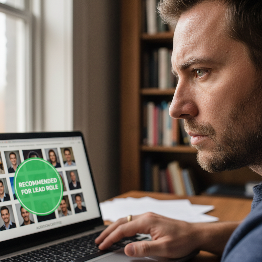 Close-up detail of actor's profile being reviewed on laptop, shallow depth of field