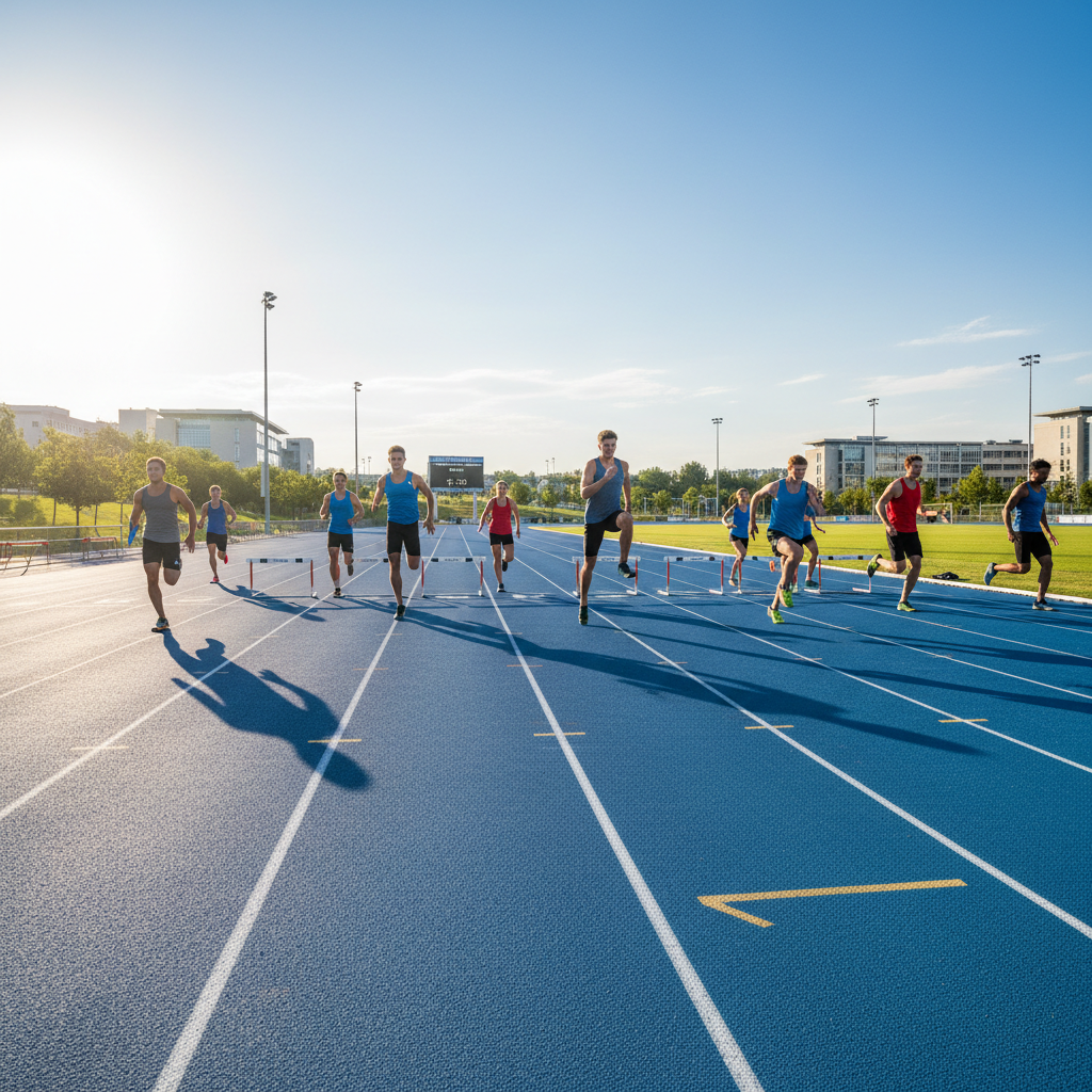 University athletes training on a modern outdoor track in the afternoon sun