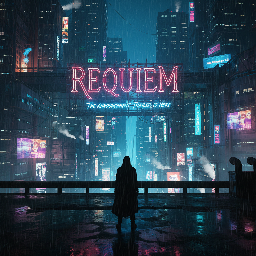 Neon Requiem announce trailer still with neon-lit cyberpunk cityscape and lone silhouette