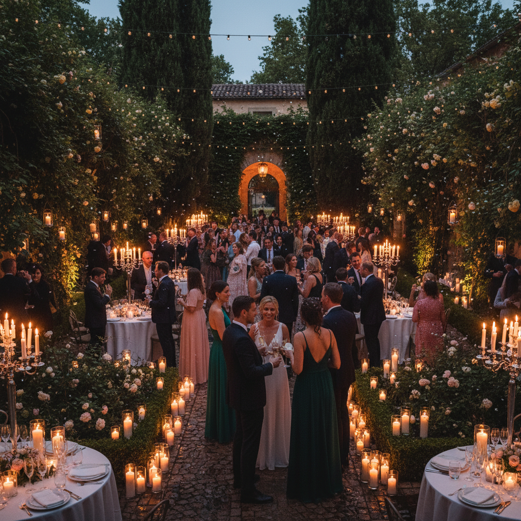 Wedding guests arriving and mingling in a candlelit courtyard garden with champagne glasses