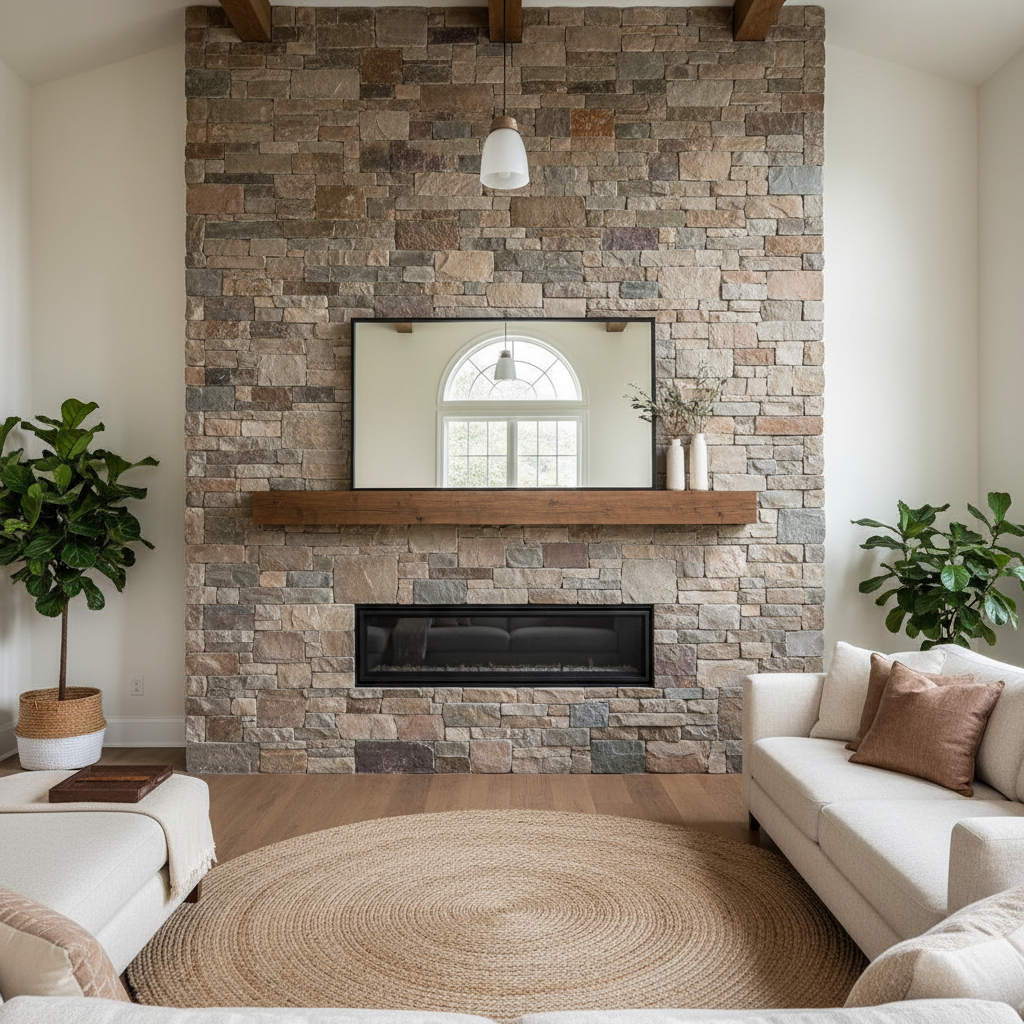 Stone masonry feature wall, natural stone installation, residential property