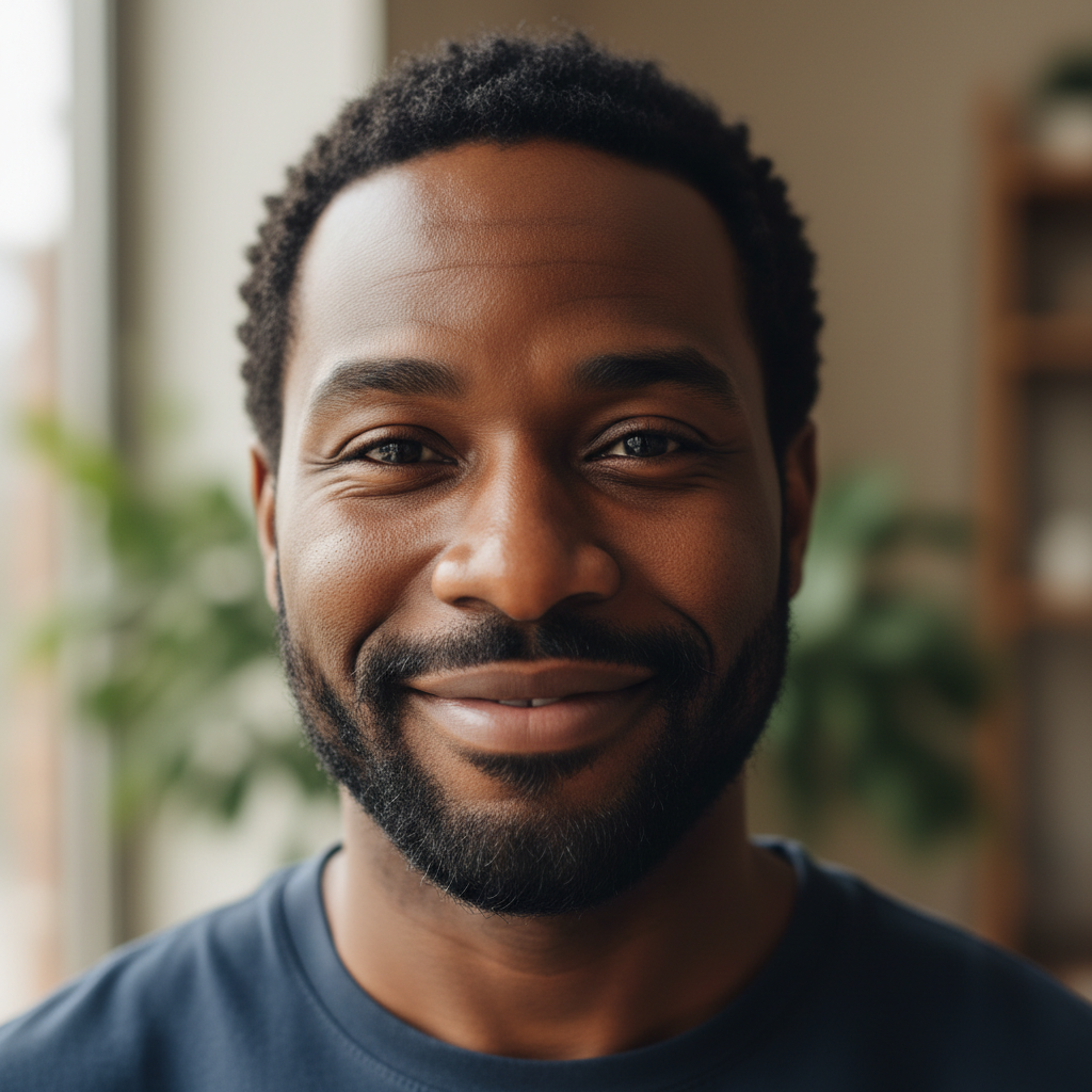 Darnell Washington, a Black father with a kind expression