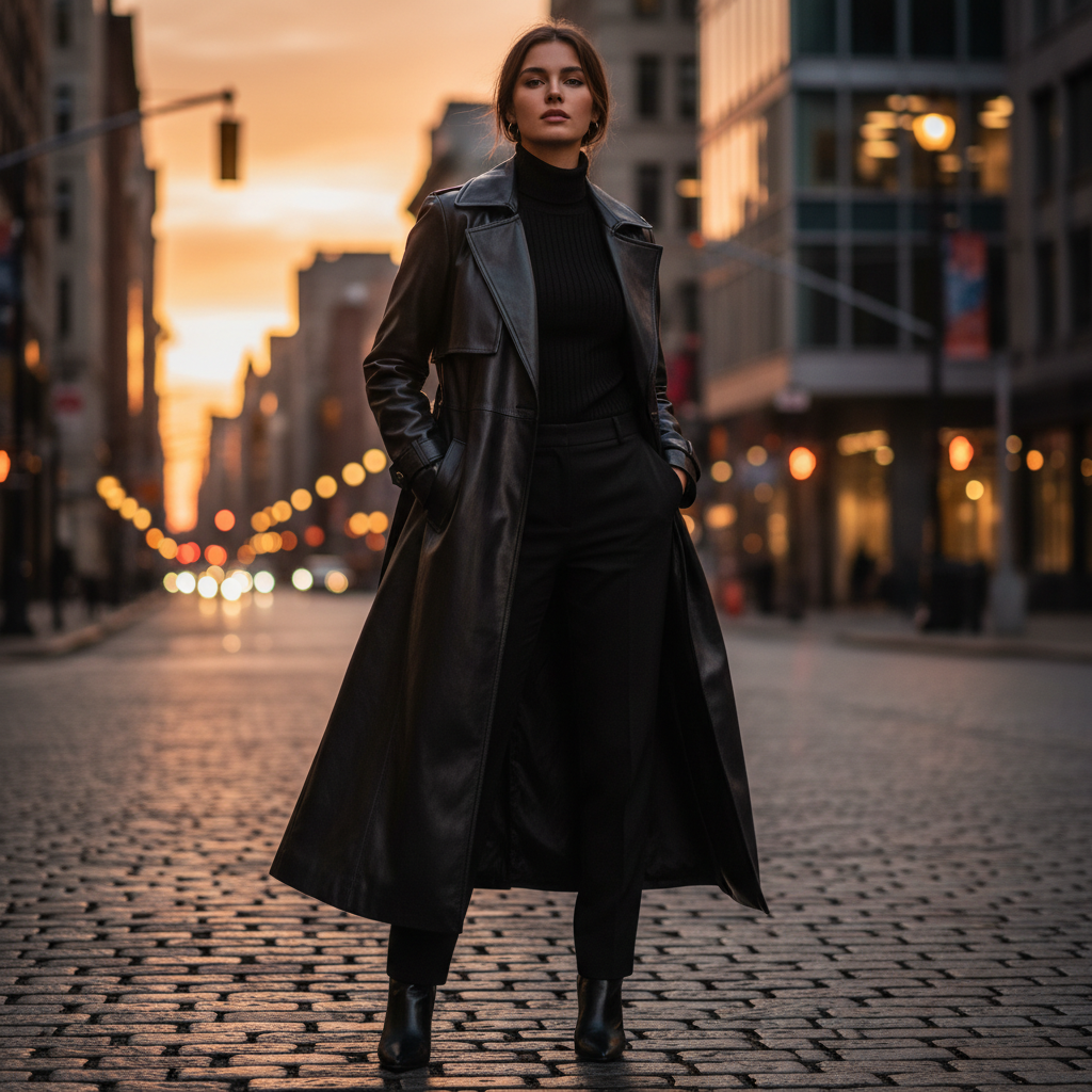 Model in black leather trench coat on dark urban street, dramatic night lighting with rain