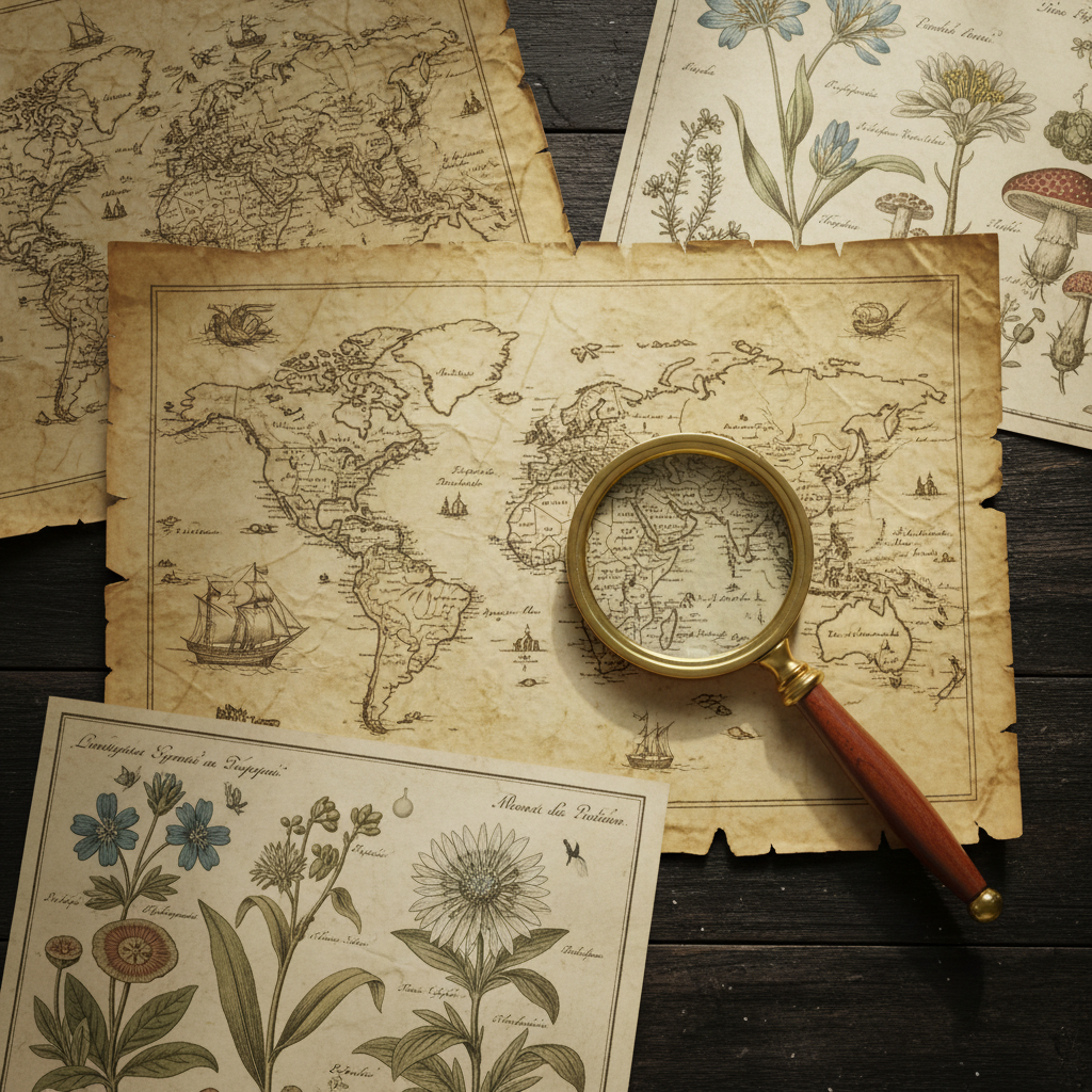 Aged antique maps and botanical prints spread on a dark table with a magnifying glass