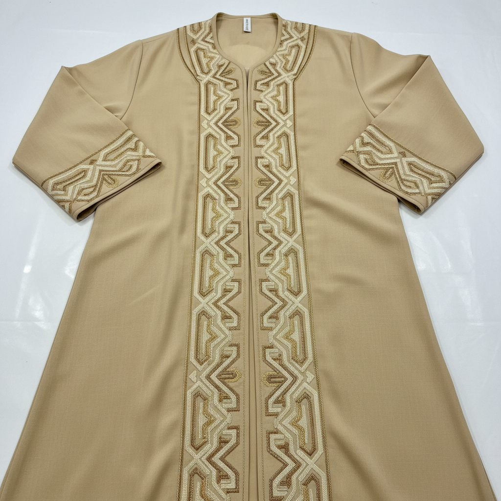 Black abaya with intricate gold hand embroidery across the bodice and sleeves