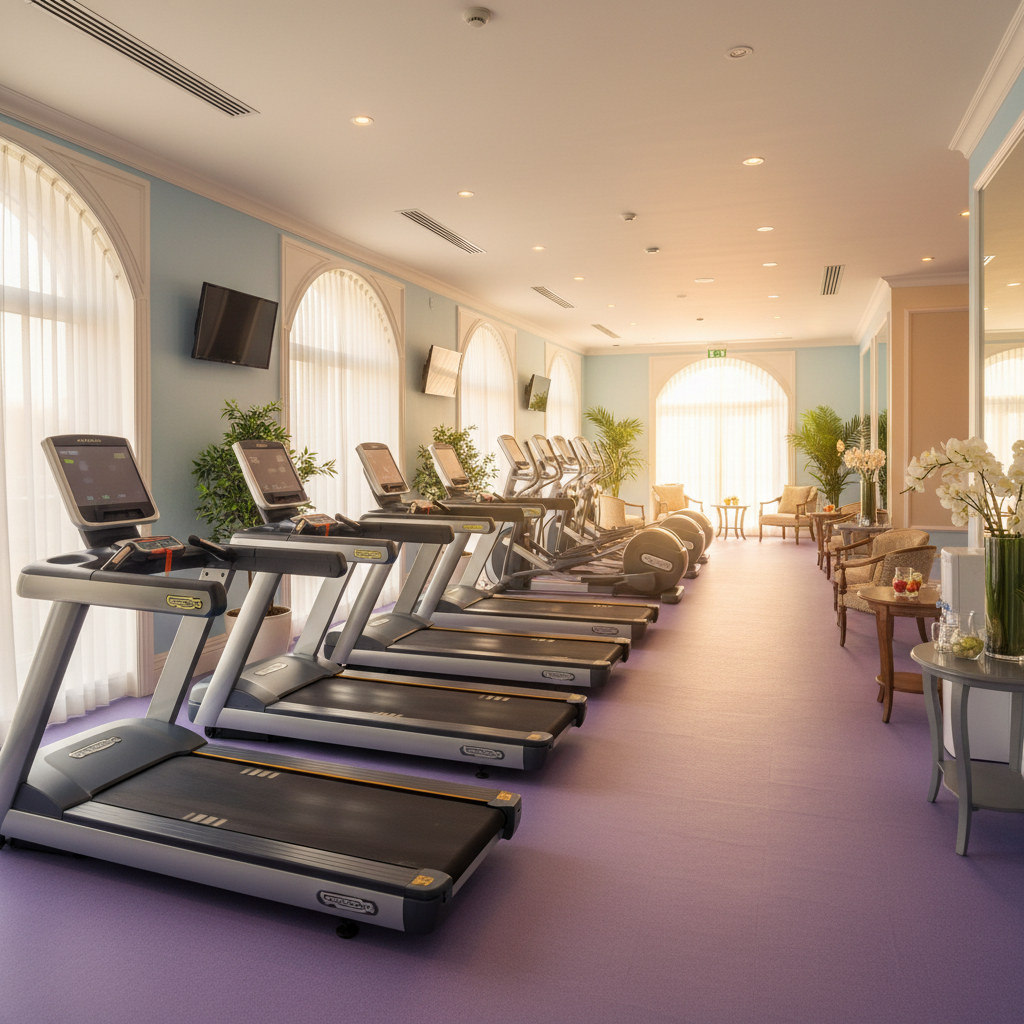 Wide angle FitZone premium gym floor — full equipment layout, atmospheric dark lighting with purple and blue accents