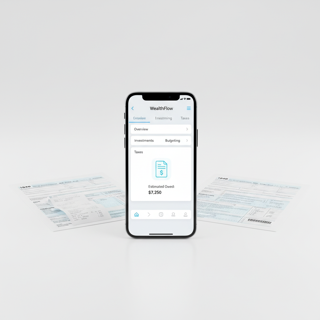 Mobile finance app interface on phone screen, green and white UI, bright clean background