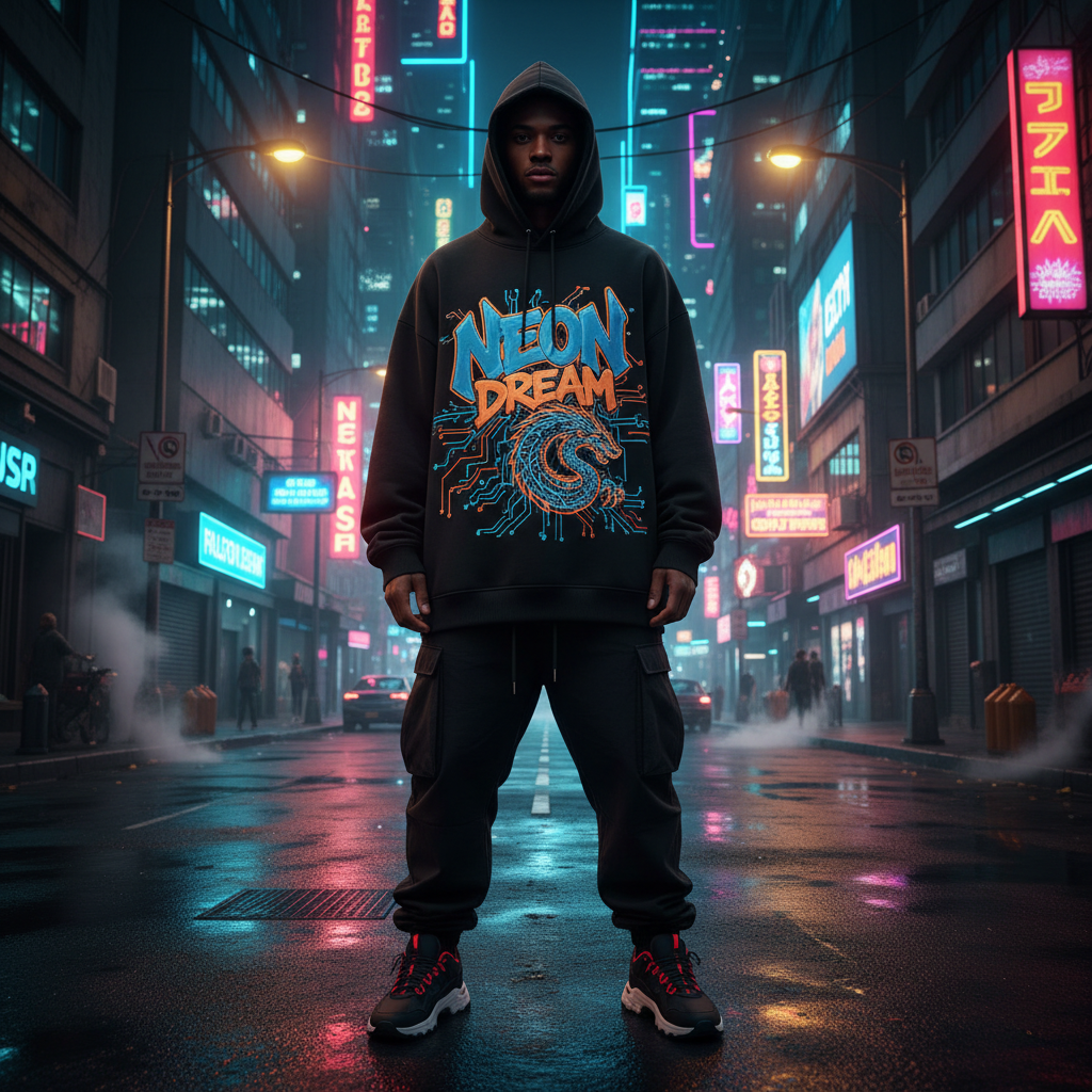 Black oversized hoodie with bold graphic print on dark seamless background, studio lighting