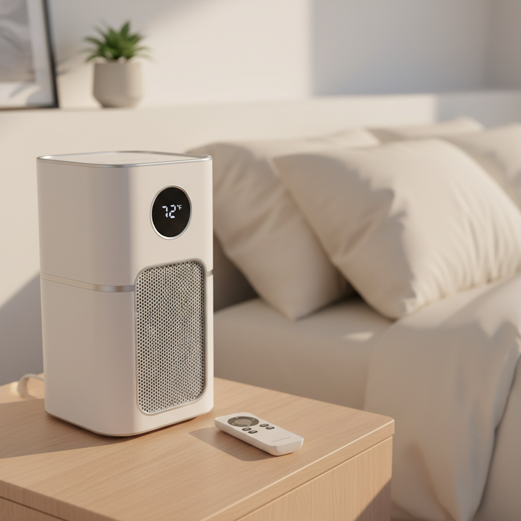 Quiet portable air conditioner next to a bed in a softly lit UK bedroom at night