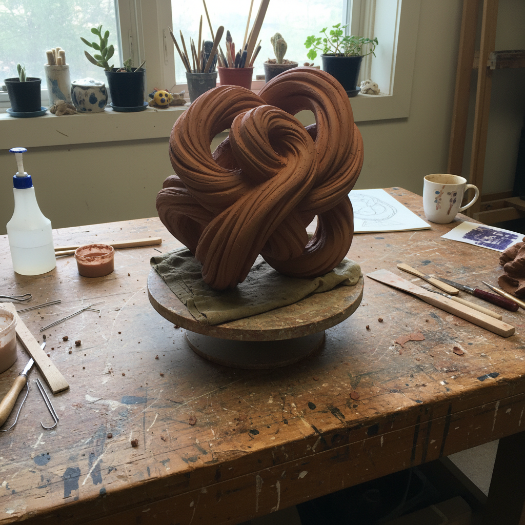 Clay model of Meridian sculpture on wooden workbench