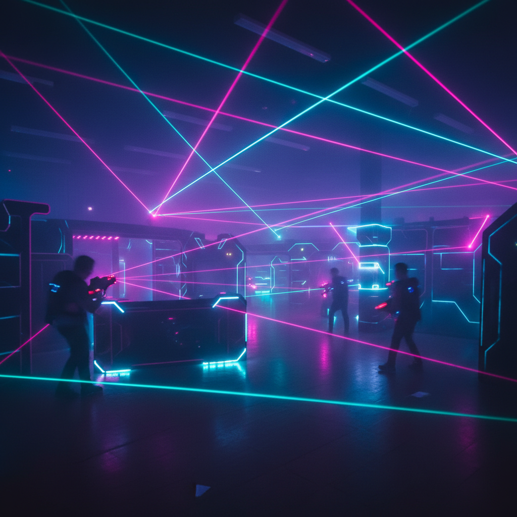 Late night laser tag arena glowing with magenta and cyan beams through thick fog
