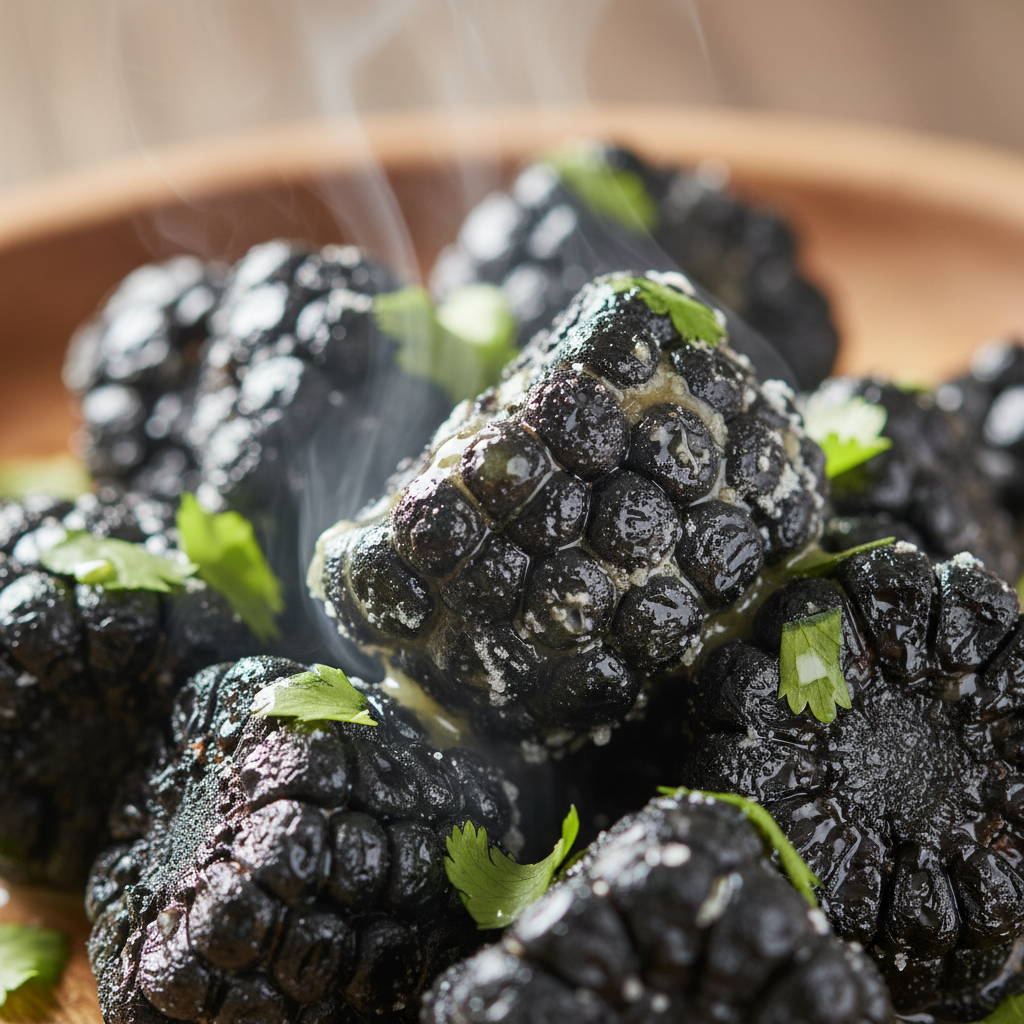 Close-up texture of charred corn kernels with lime juice glistening on the surface