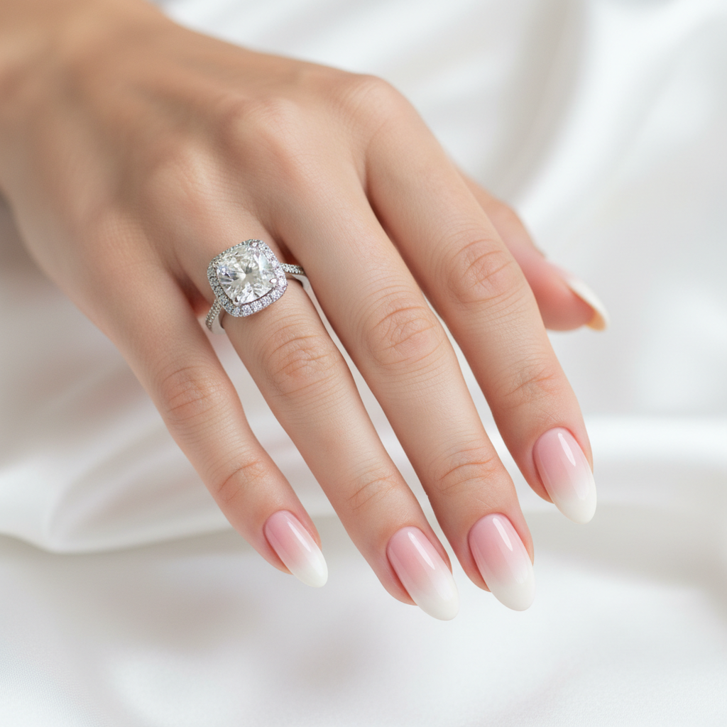 Elegant bridal nail set with hand-painted lace patterns and pearl accents on soft ivory nails
