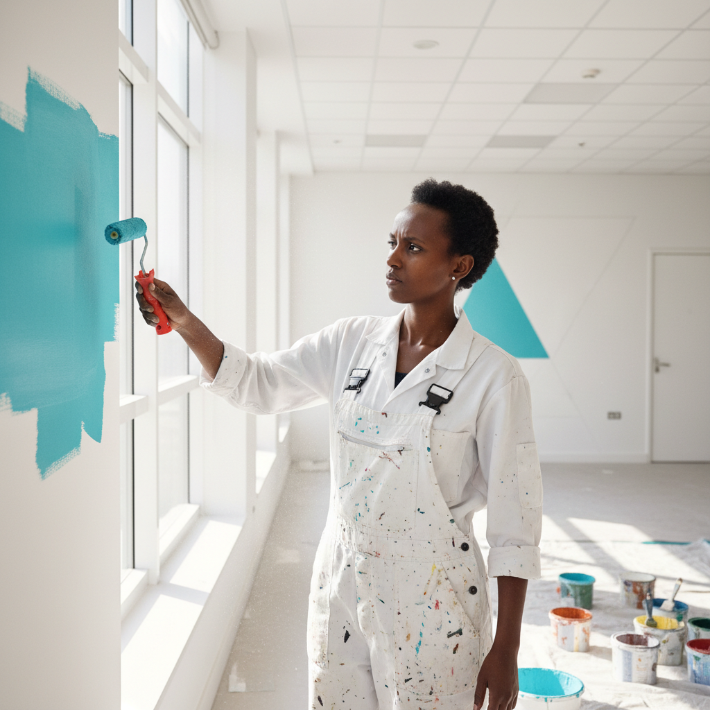 Interior wall painting in progress, bright well-lit room, fresh white paint on walls, professional painter with roller