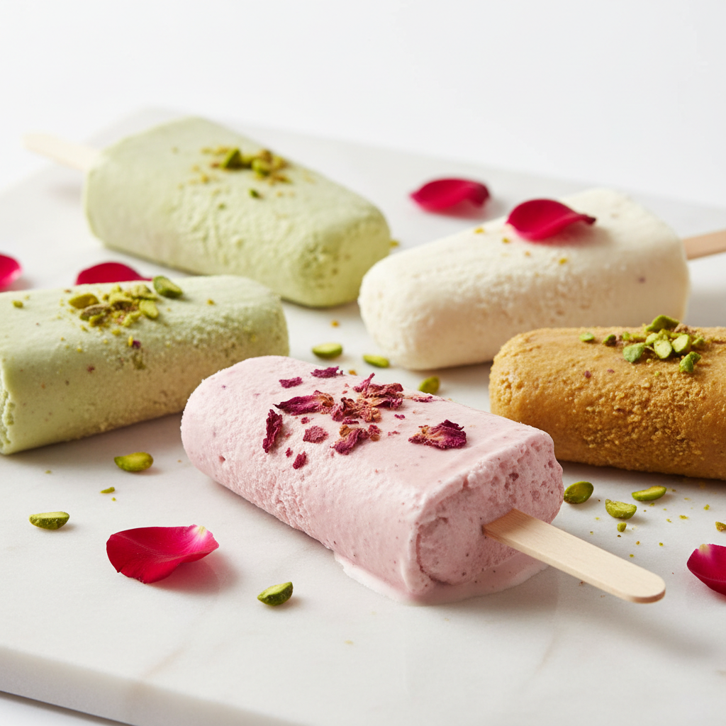Saffron kulfi ice cream with pistachio garnish on dark background