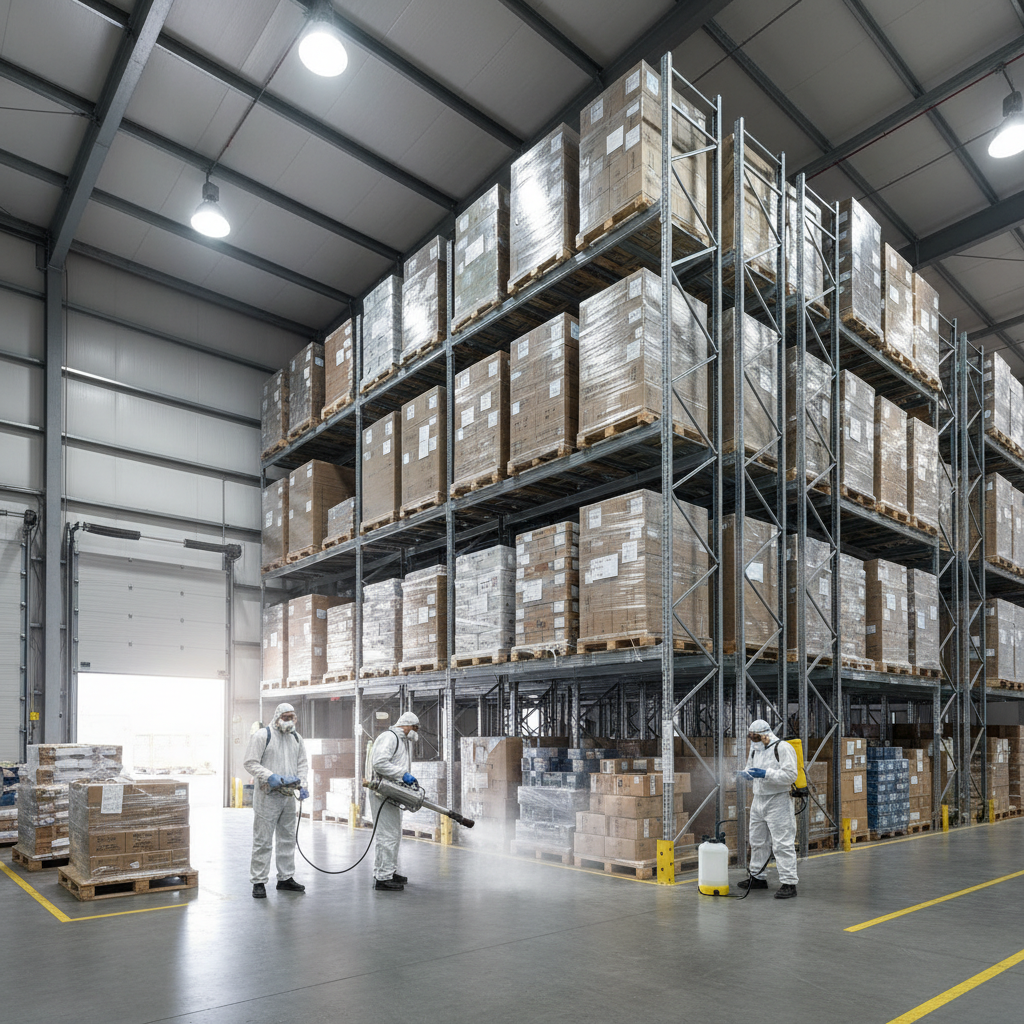 Industrial warehouse with workers in safety gear, dim blue-grey atmosphere, steel shelving rows, low-key warehouse lighting