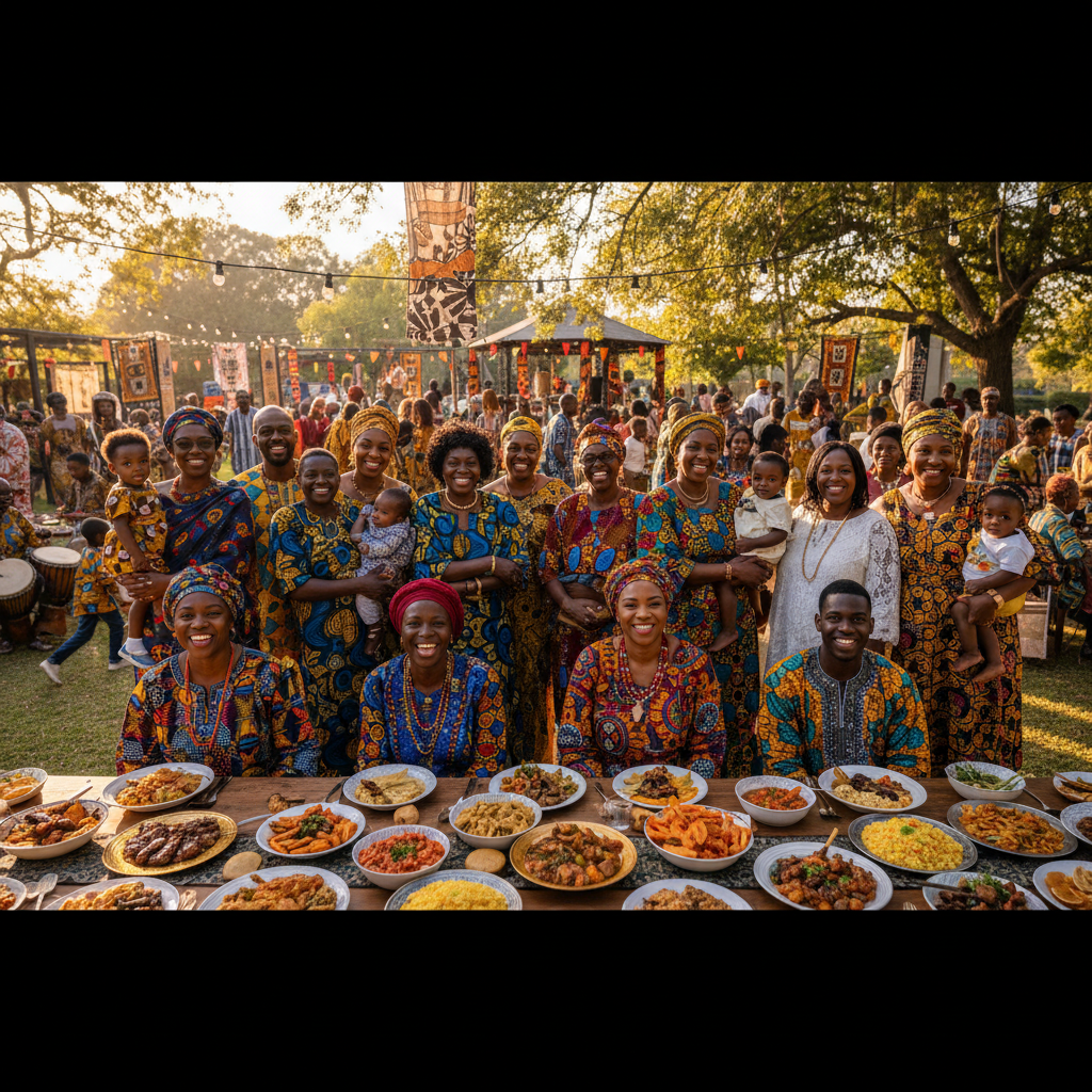 African family enjoying meals together at cozy restaurant, smiling and happy