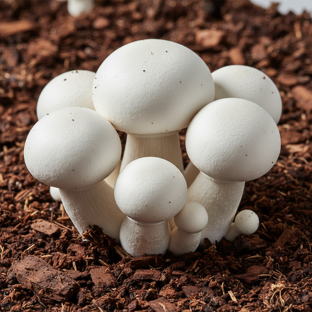 White milky mushrooms with thick stalks growing on brown substrate in a clean farm environment, bright overhead light