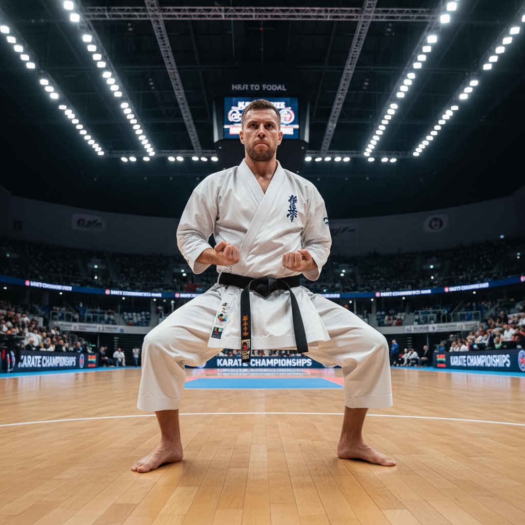 Karate practitioner in white gi performing kata, bright training hall