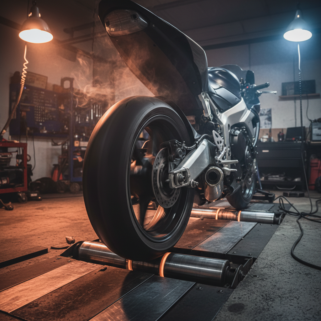 Rear wheel spinning on dyno rollers with heat shimmer visible, graph climbing in real time