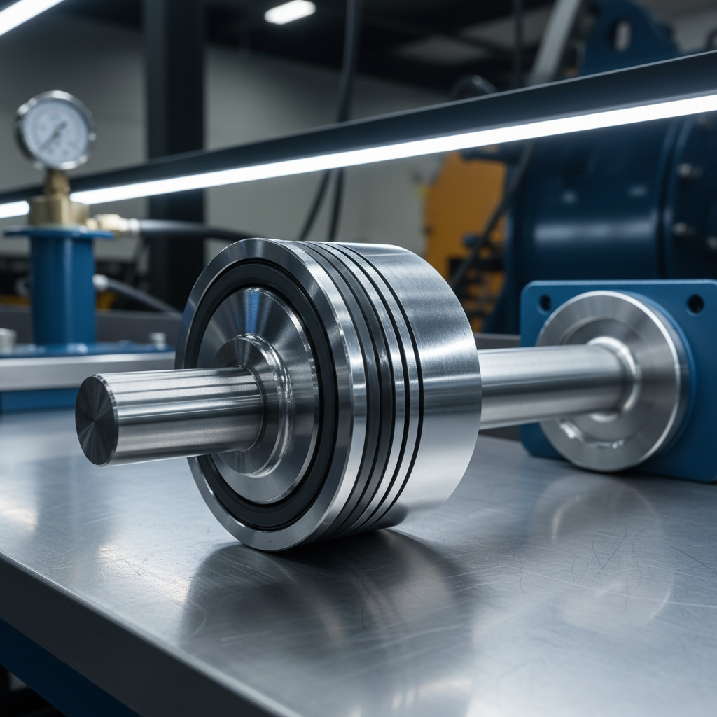 Industrial hydraulic pump assembly component in clean workshop setting with metallic finish