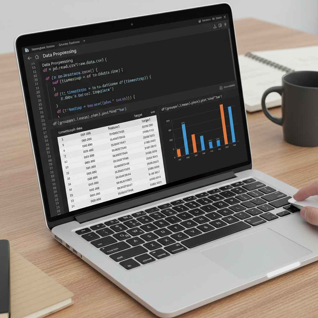Python analytics workflow with data tables, charts, and SQL query results on laptop screen