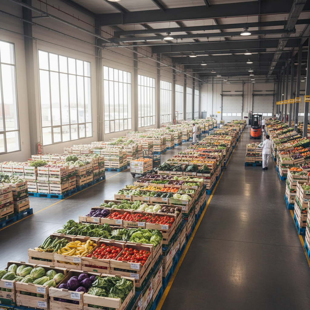 Organized boxes and crates of fresh produce in a warehouse, dark background, product packaging and labeling visible