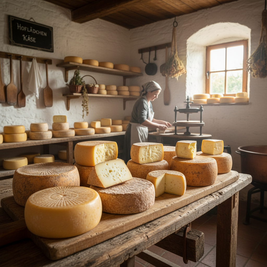 Artisan cheese-making in Normandy dairy, white aprons, curds being shaped, warm dairy light, rustic wooden surfaces