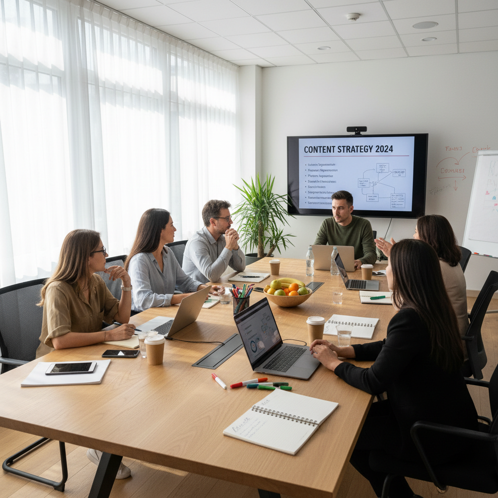 Two professionals collaborating over content strategy documents on a bright conference table