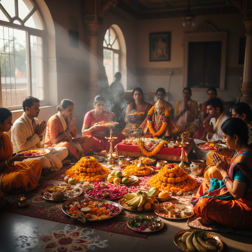 Satyanarayan puja ceremony with sacred fire, mantras, and traditional offerings for divine blessings