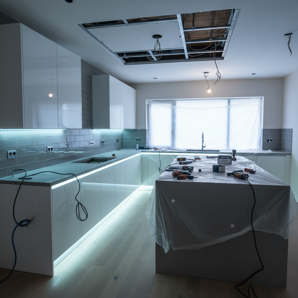 Completed kitchen renovation showing under-cabinet LED strip lighting