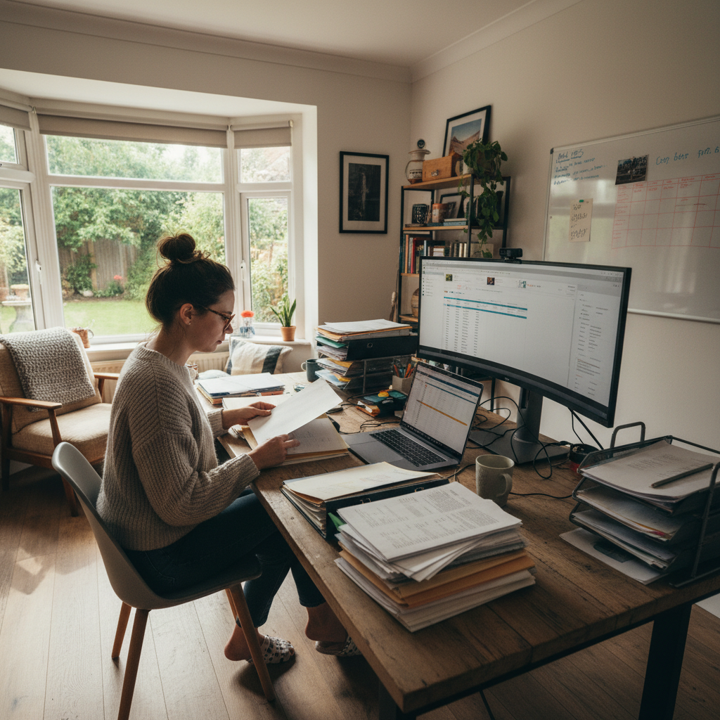 Professional woman working remotely at a clean desk with laptop and documents in a bright home office