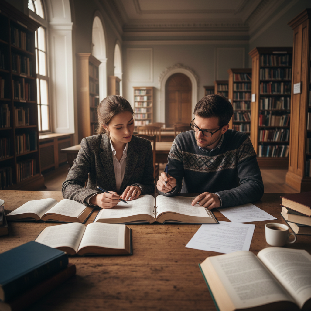 Student and professor reviewing a thesis manuscript together at a library table