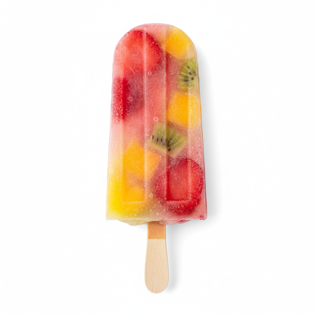 Colorful fruit popsicles with mango and berry layers on a white background
