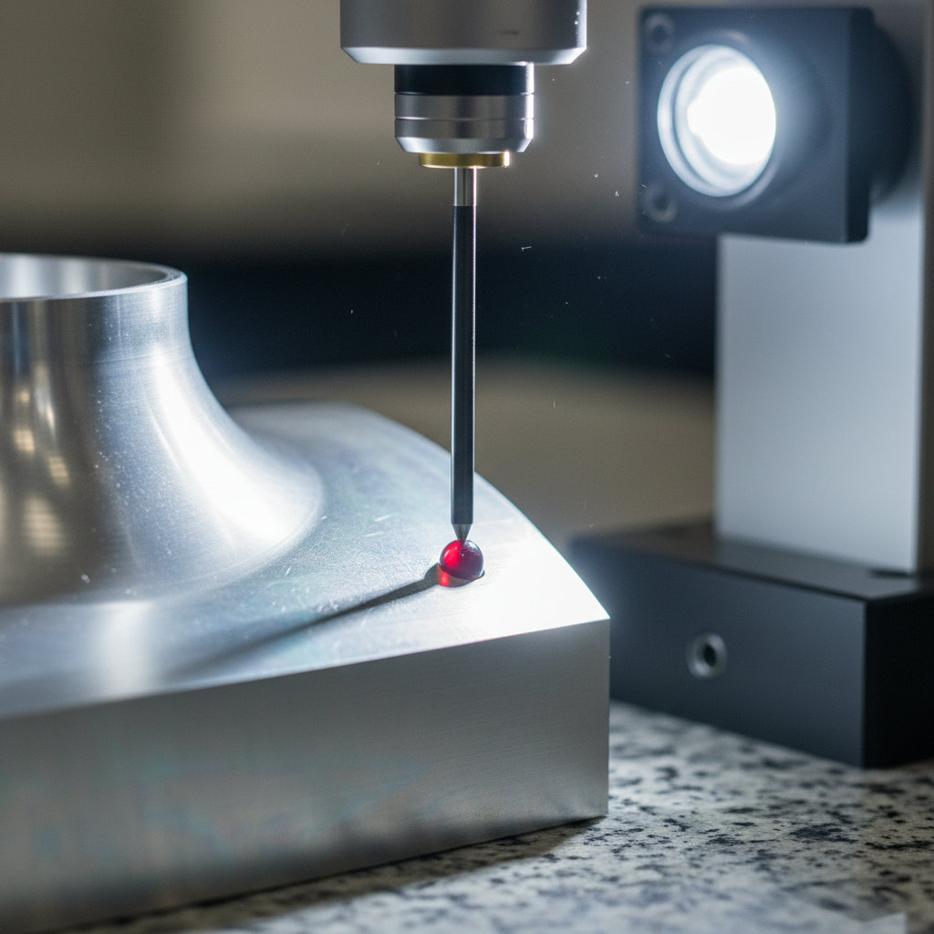 Precision CMM coordinate measuring machine probe tip touching surface of machined aerospace component for inspection