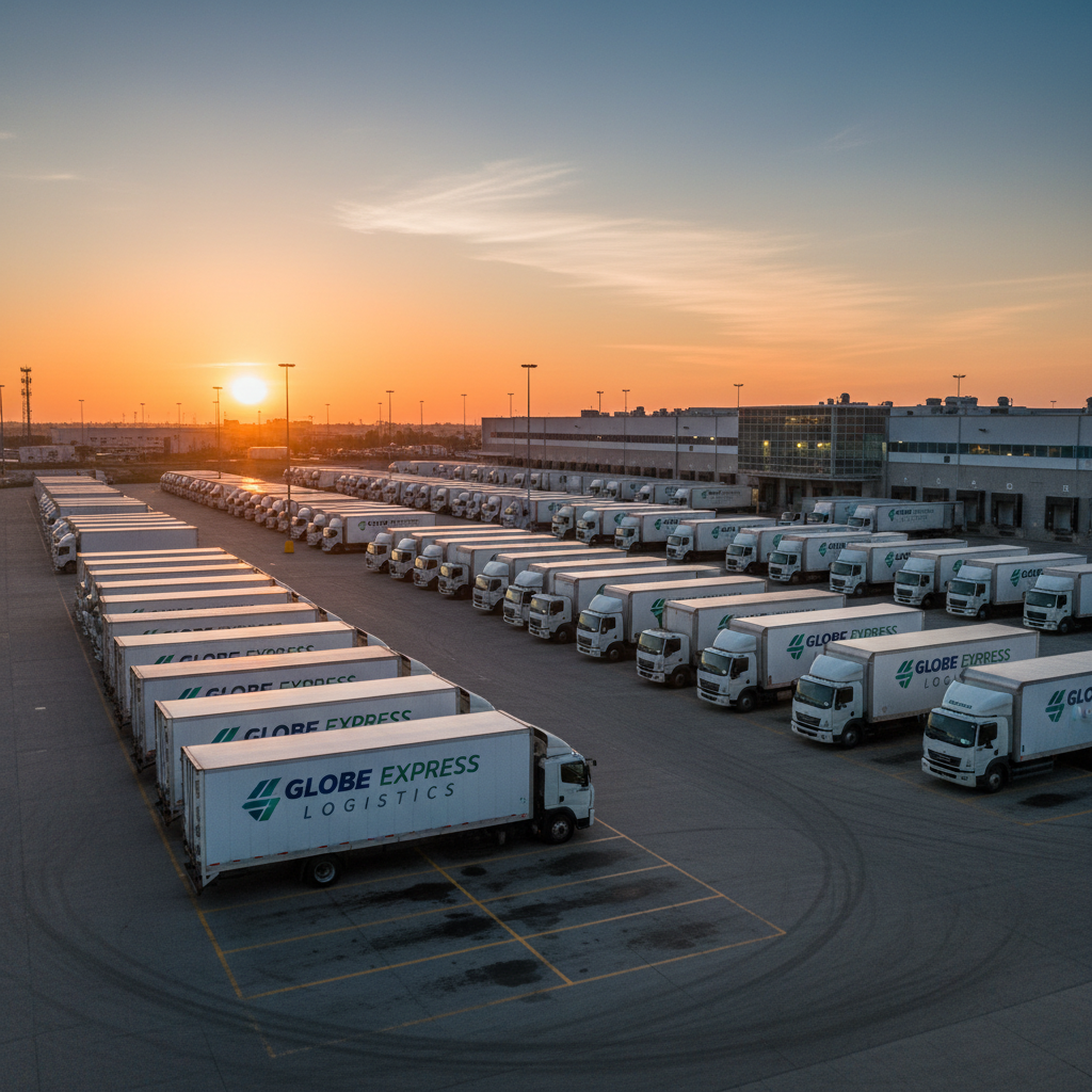 Fleet of delivery trucks at a food distribution loading dock ready for dispatch