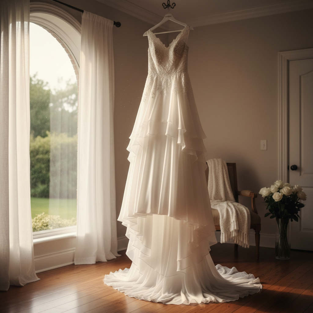 Bridal gown collection, white silk wedding dress in bright airy space, soft window light, elegant minimal setting
