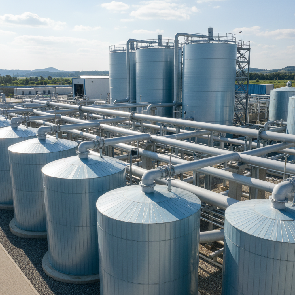 Water treatment facility with large circular tanks at twilight, dark concrete and steel structures, moody industrial atmosphere