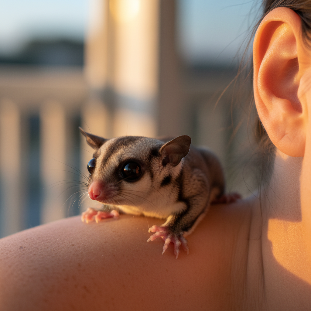 Tiny animal perched on a human shoulder near their ear, looking alert and curious in soft evening light