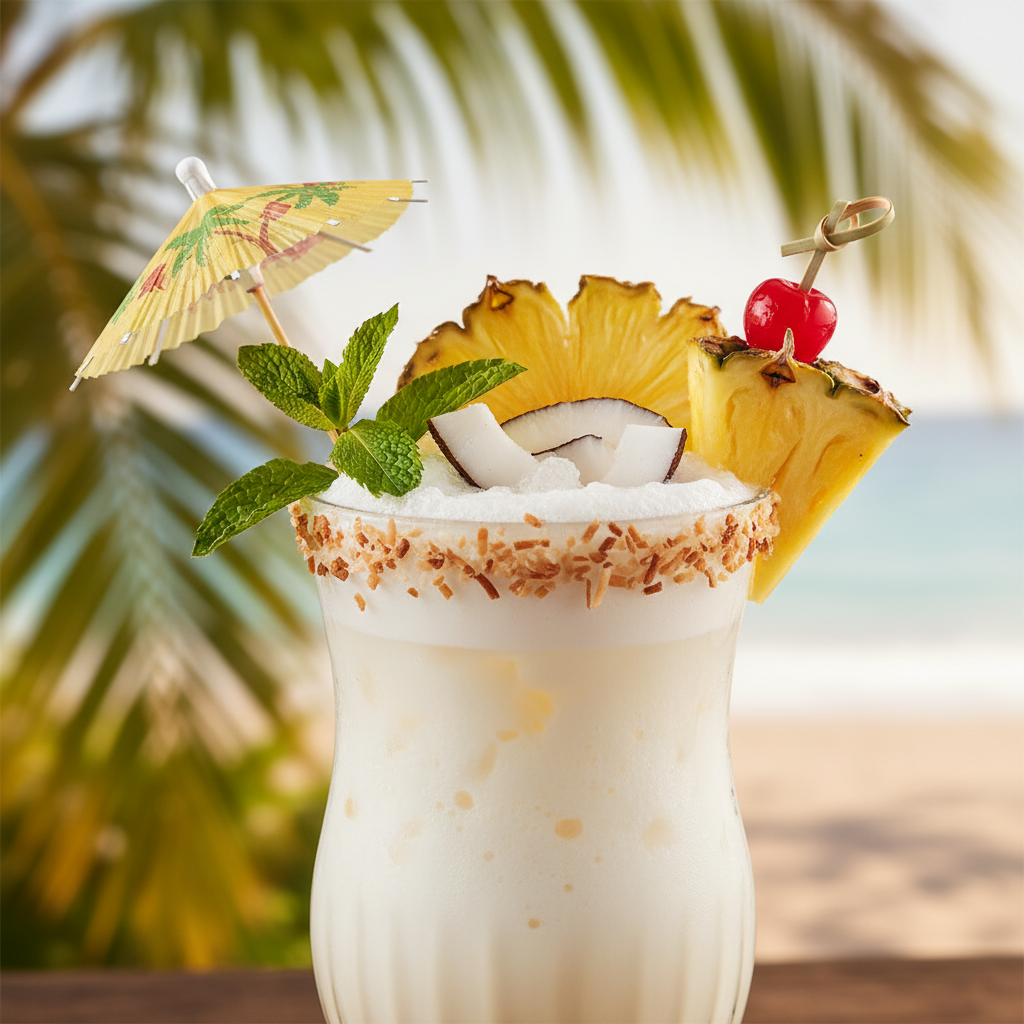 Piña Colada cocktail in a tall glass with pineapple slice, coconut cream and tropical garnish