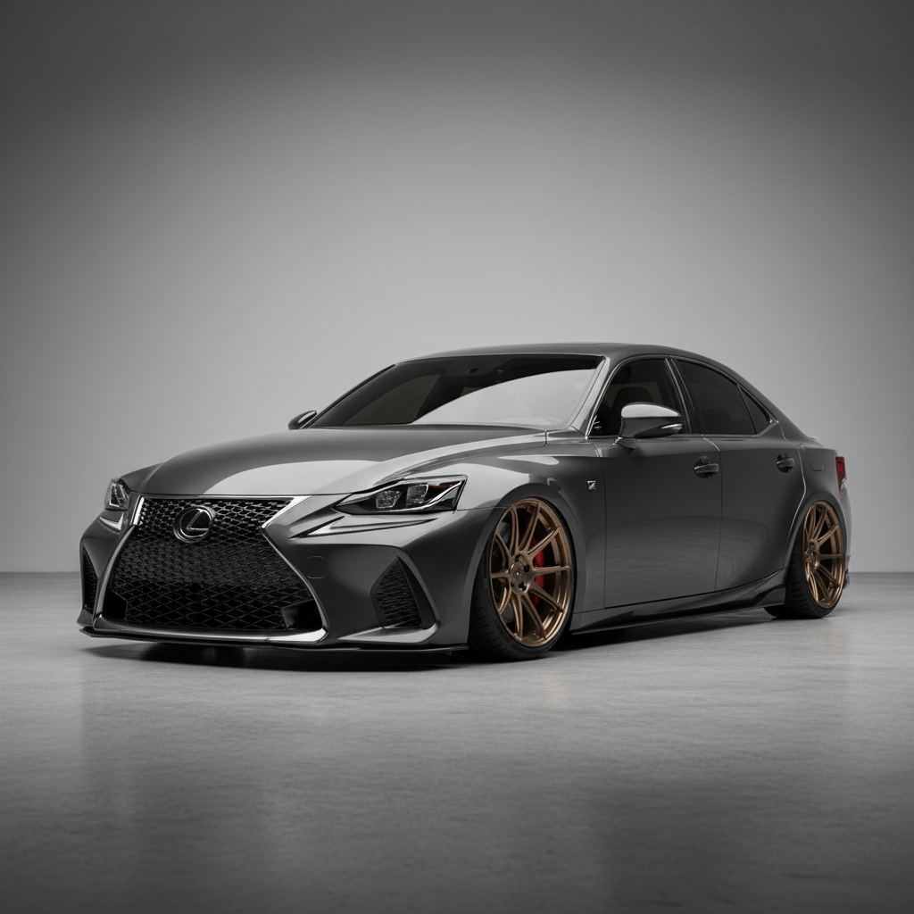 Lexus IS500 on forged monoblocks with lowered suspension photographed from front three-quarter angle